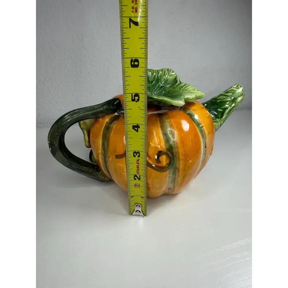 Hand Painted Ceramic Pumpkin Teapot, Vintage Fall Serveware, Orange Green